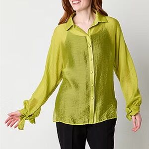 Worthington Golden Line Green Relaxed Blouse with Notched Collar